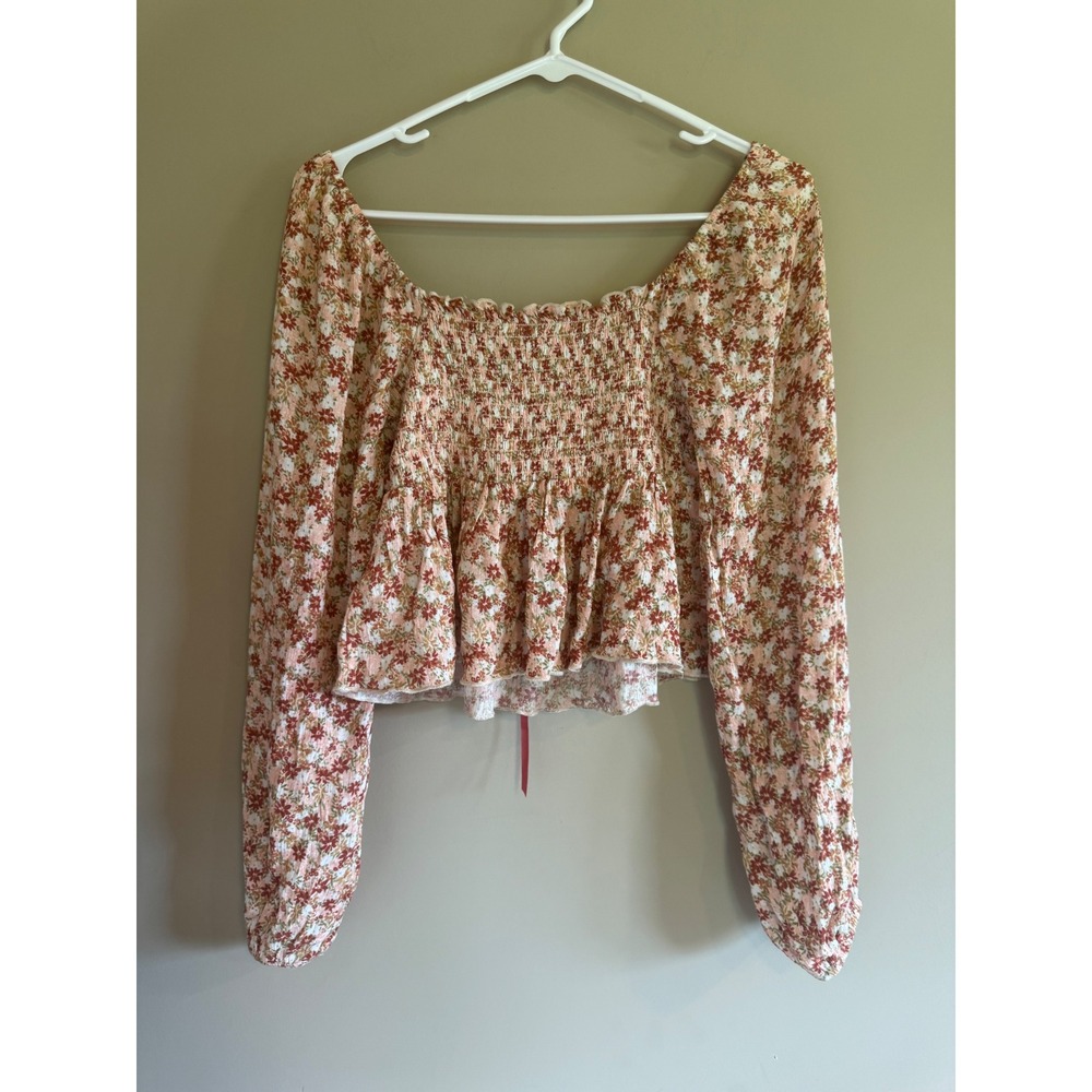 Altard State Floral Smocked Peplum Top XS Pink Rust Long Sleeve Cottagecore Boho - Picture 3 of 3